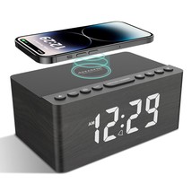 Wooden Digital Alarm Clock Fm Radio,10W Fast Wireless Charger Station For Iphone - £55.93 GBP