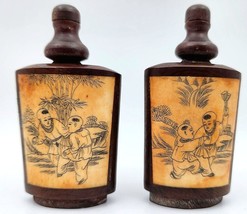 Pair Antique Chinese Carved Wooden Snuff Bottles Panels w/Children Playi... - £235.28 GBP