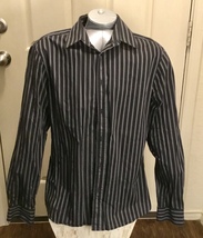 Mens H&M black and gray striped down fitted dress shirt Size Large    - $20.00