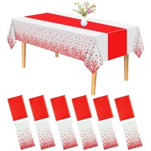 12 Pack Plastic Tablecloth And Satin Table Runner Set White And Red Dot ... - £25.54 GBP