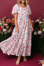 Pink Floral Puff Sleeve Square Neck Empire Waist Tiered Maxi Dress - $39.99+