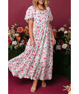 Pink Floral Puff Sleeve Square Neck Empire Waist Tiered Maxi Dress - $39.99 - $40.99