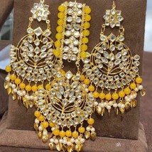 New Yellow Chand Bali Tikka Kundan Tikka Earrings Beautiful Jewelry Set j450 - £35.71 GBP