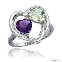 Size 7 - 10K White Gold Heart Ring 6mm Natural Amethyst &amp; Green Amethyst  - $314.72