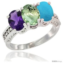 Size 9 - 10K White Gold Natural Amethyst, Green Amethyst &amp; Turquoise Ring  - $578.25