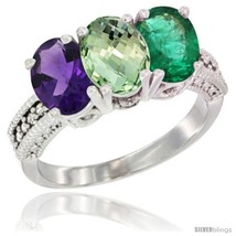 Size 9 - 10K White Gold Natural Amethyst, Green Amethyst &amp; Emerald Ring 3-Stone  - £475.44 GBP
