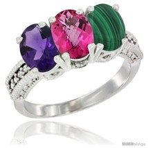 Size 5.5 - 10K White Gold Natural Amethyst, Pink Topaz &amp; Malachite Ring 3-Stone  - £438.72 GBP