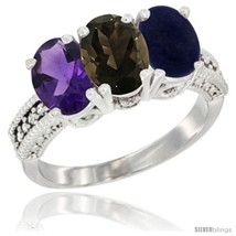 K white gold natural amethyst smoky topaz lapis ring 3 stone oval 7x5 mm diamond accent thumb200