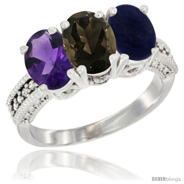 Primary image for Size 9 - 10K White Gold Natural Amethyst, Smoky Topaz & Lapis Ring 3-Stone Oval 