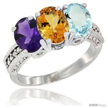 Size 7 - 10K White Gold Natural Amethyst, Citrine &amp; Aquamarine Ring 3-Stone  - £439.68 GBP