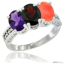 Size 9 - 10K White Gold Natural Amethyst, Garnet &amp; Coral Ring 3-Stone Oval 7x5  - $549.66