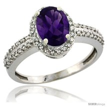 Size 5 - 10k White Gold Diamond Halo Amethyst Ring 1.2 ct Oval Stone 8x6 mm,  - £456.48 GBP