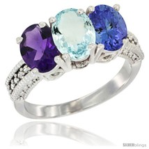 Size 7 - 10K White Gold Natural Amethyst, Aquamarine &amp; Tanzanite Ring 3-Stone  - £496.54 GBP