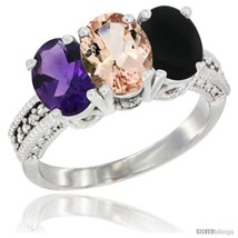 Size 8 - 10K White Gold Natural Amethyst, Morganite &amp; Black Onyx Ring 3-Stone  - £452.38 GBP