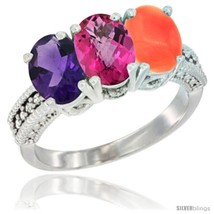 Size 10 - 10K White Gold Natural Amethyst, Pink Topaz &amp; Coral Ring 3-Stone Oval  - £432.94 GBP