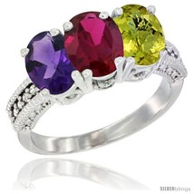 Size 9 - 10K White Gold Natural Amethyst, Ruby &amp; Lemon Quartz Ring 3-Stone Oval  - £446.56 GBP