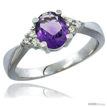 Size 6.5 - 10K White Gold Natural Amethyst Ring Oval 7x5 Stone Diamond Accent  - £285.75 GBP