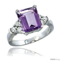 Size 8.5 - 10K White Gold Natural Amethyst Ring Emerald-shape 9x7 Stone Diamond  - £635.98 GBP