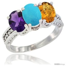 Size 5 - 10K White Gold Natural Amethyst, Turquoise &amp; Whisky Quartz Ring  - $574.65