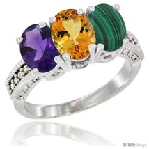 Size 5 - 10K White Gold Natural Amethyst, Citrine &amp; Malachite Ring 3-Stone Oval  - £438.72 GBP