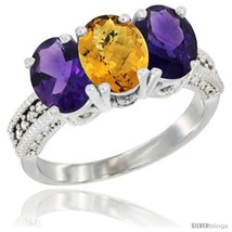 Size 9 - 10K White Gold Natural Whisky Quartz &amp; Amethyst Sides Ring 3-Stone  - £442.17 GBP