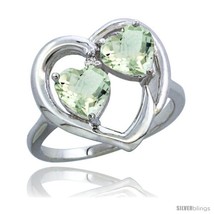 Size 5.5 - 10K White Gold Heart Ring 6mm Natural Green Amethyst Stones Diamond  - £251.57 GBP