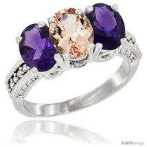 Size 6 - 10K White Gold Natural Morganite &amp; Amethyst Sides Ring 3-Stone Oval  - £465.17 GBP