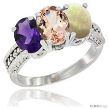 Size 7 - 10K White Gold Natural Amethyst, Morganite &amp; Opal Ring 3-Stone Oval  - $573.98