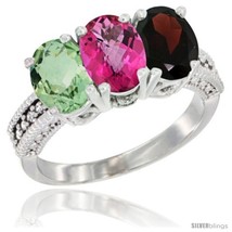 Size 5.5 - 10K White Gold Natural Green Amethyst, Pink Topaz &amp; Garnet Ring  - £445.04 GBP