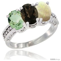 Size 7.5 - 10K White Gold Natural Green Amethyst, Smoky Topaz &amp; Opal Ring  - £435.57 GBP