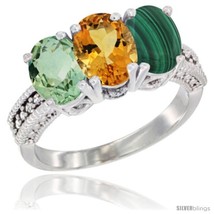 Size 5.5 - 10K White Gold Natural Green Amethyst, Citrine &amp; Malachite Ring  - £425.71 GBP