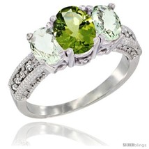 Size 5 - 10K White Gold Ladies Oval Natural Peridot 3-Stone Ring with Green  - £432.63 GBP