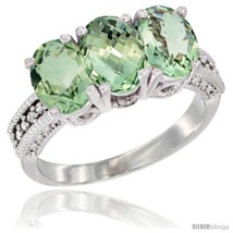 Size 5.5 - 10K White Gold Natural Green Amethyst Ring 3-Stone Oval 7x5 mm  - $556.76