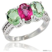 Size 6.5 - 10K White Gold Natural Pink Topaz &amp; Green Amethyst Sides Ring  - £439.92 GBP