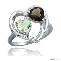 Size 9.5 - 10K White Gold Heart Ring 6mm Natural Green Amethyst &amp; Smoky Topaz  - £251.52 GBP