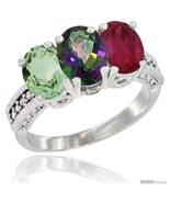Size 5 - 10K White Gold Natural Green Amethyst, Mystic Topaz &amp; Ruby Ring  - £448.40 GBP