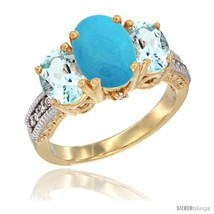 Size 8 - 10K Yellow Gold Ladies 3-Stone Oval Natural Turquoise Ring with  - £571.02 GBP