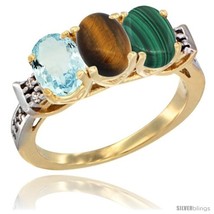 Size 5 - 10K Yellow Gold Natural Aquamarine, Tiger Eye &amp; Malachite Ring 3-Stone  - £467.04 GBP