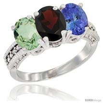 Size 7.5 - 10K White Gold Natural Green Amethyst, Garnet &amp; Tanzanite Ring  - £477.64 GBP