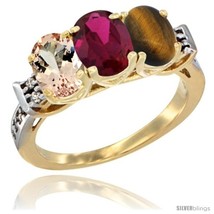 Size 9 - 10K Yellow Gold Natural Morganite, Ruby &amp; Tiger Eye Ring 3-Stone Oval  - $591.54