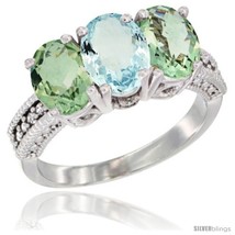 Size 8.5 - 10K White Gold Natural Aquamarine &amp; Green Amethyst Sides Ring  - £470.18 GBP