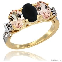 Size 6 - 10K Yellow Gold Natural Black Onyx &amp; Morganite Sides Ring 3-Stone Oval  - £487.32 GBP