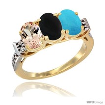 Size 9 - 10K Yellow Gold Natural Morganite, Black Onyx &amp; Turquoise Ring 3-Stone  - £485.63 GBP