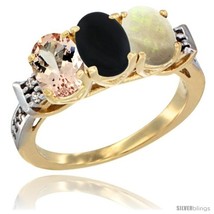 Size 9 - 10K Yellow Gold Natural Morganite, Black Onyx &amp; Opal Ring 3-Stone Oval  - £464.93 GBP