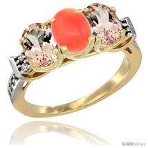 Size 8 - 10K Yellow Gold Natural Coral &amp; Morganite Sides Ring 3-Stone Oval 7x5  - £488.95 GBP