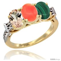 Size 5 - 10K Yellow Gold Natural Morganite, Coral &amp; Malachite Ring 3-Stone Oval  - £462.77 GBP