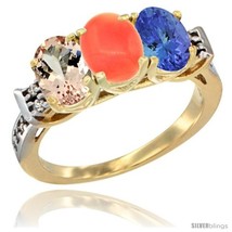 Size 8.5 - 10K Yellow Gold Natural Morganite, Coral &amp; Tanzanite Ring 3-Stone  - £505.40 GBP