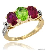 Size 8.5 - 10K Yellow Gold Natural Peridot &amp; Ruby Sides Ring 3-Stone Ova... - £451.38 GBP