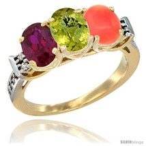 Size 8.5 - 10K Yellow Gold Natural Ruby, Lemon Quartz &amp; Coral Ring 3-Stone Oval  - £438.43 GBP