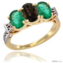 Size 8 - 10K Yellow Gold Natural Smoky Topaz &amp; Emerald Sides Ring 3-Stone Oval  - £509.96 GBP